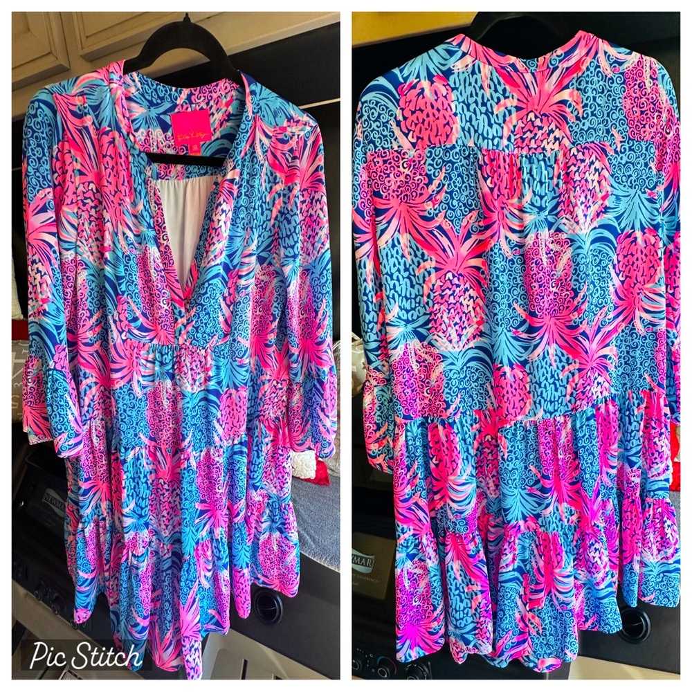 Lilly Pulitzer Gabriel 3/4 Sleeve Knit Dress Pink Blue Pineapple Print Size 12